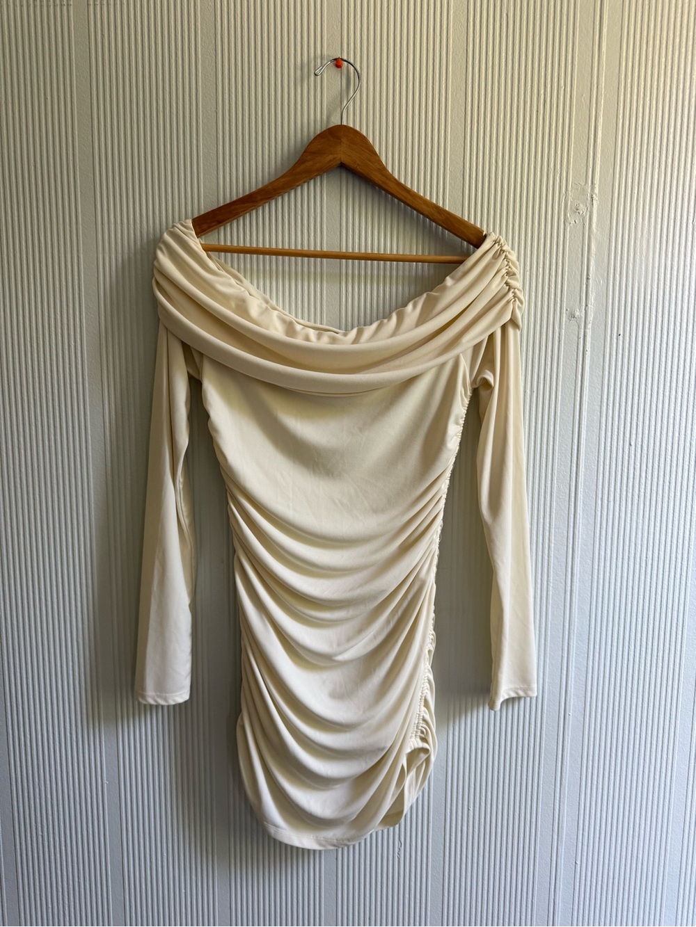 Zara Cream Off-Shoulder Ruched Strapless Dress